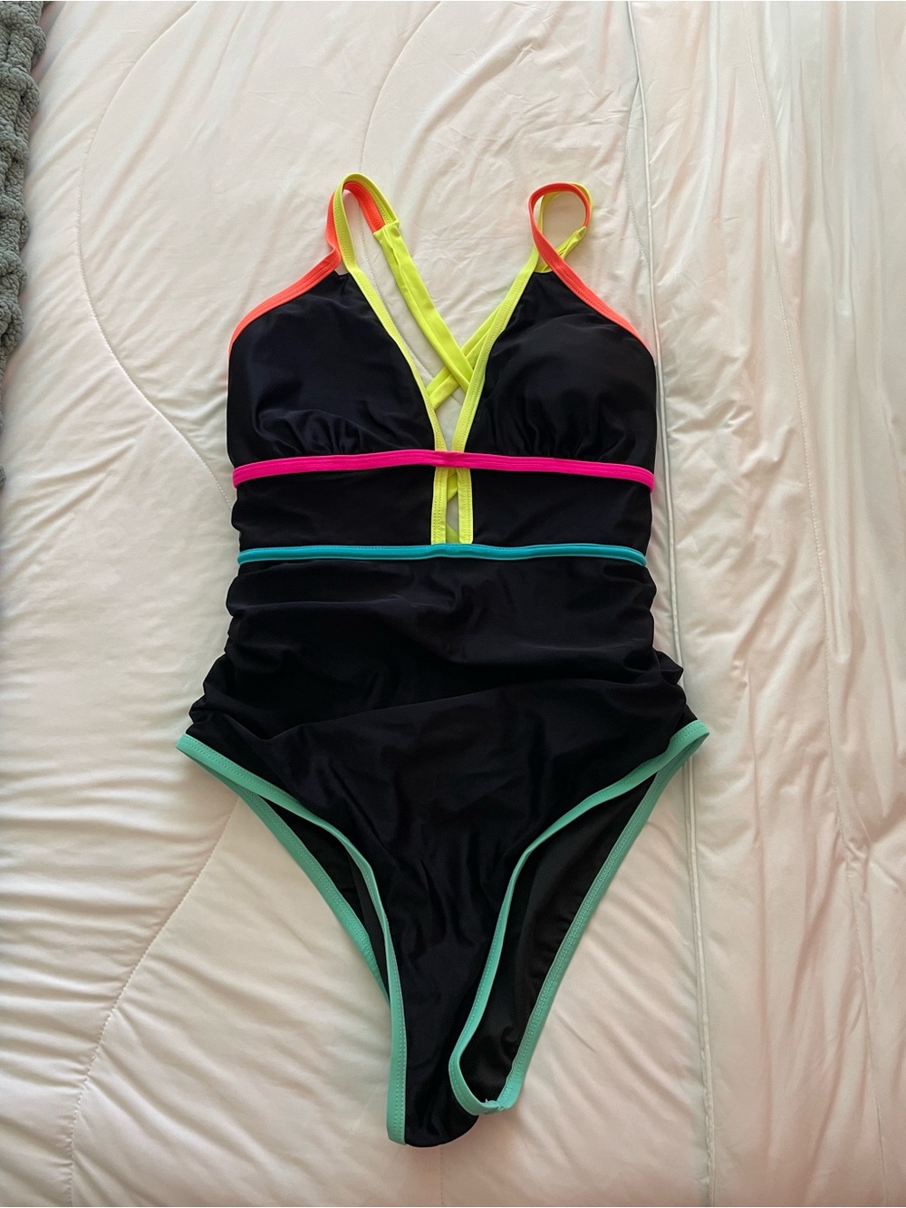 popvil tummy control neon color block cutout one piece swimsuit